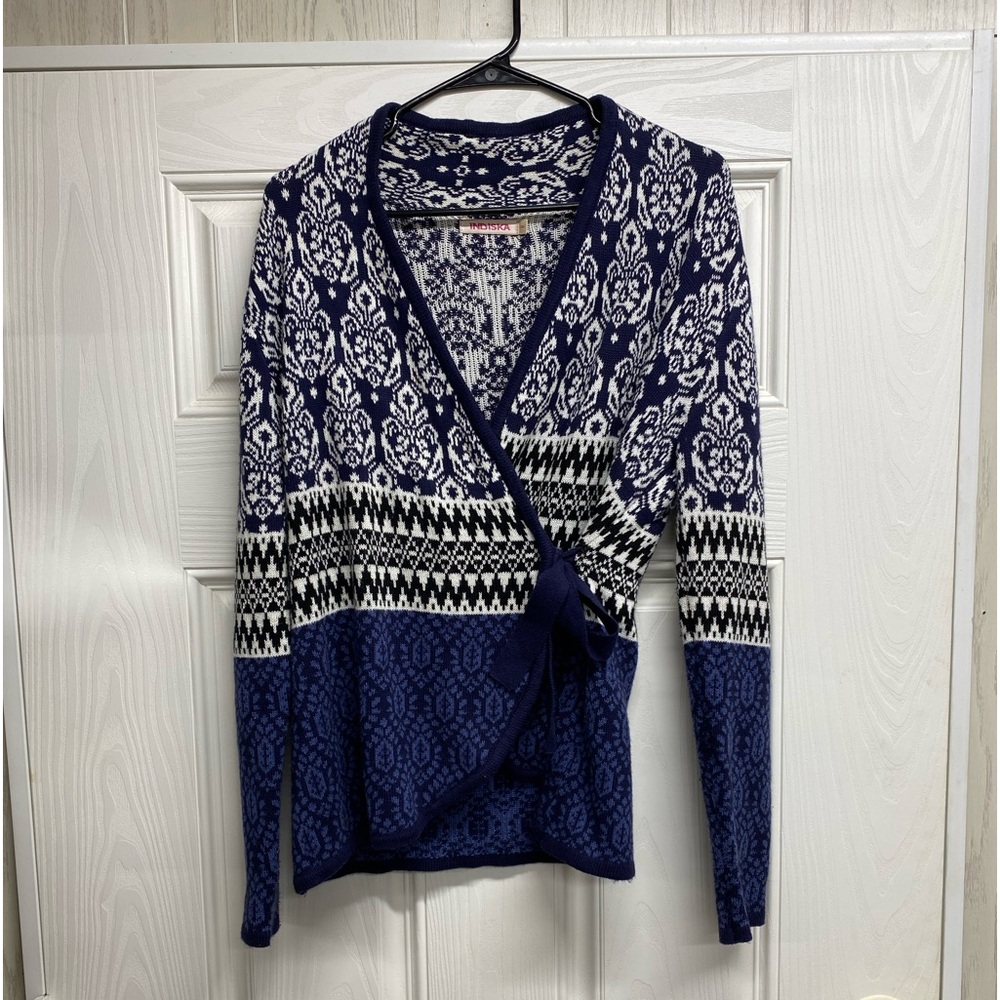 Indiska Womens Wrap Tie Sweater Blue/white